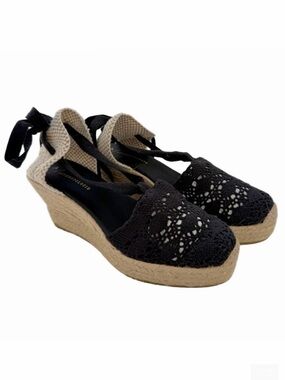 Anthropologie Emmylou Wedge Espadrilles Size 39 Black Off White Tan Ankle Ties